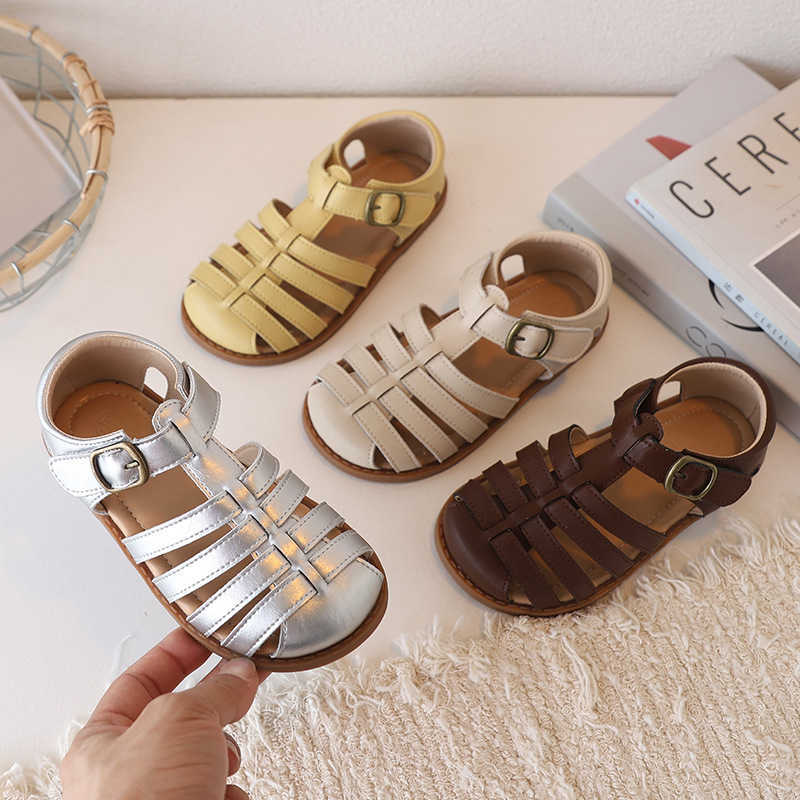 Authentic leather Korean style woven girl&#039;s sandals, Roman hollowed-out summer baby shoes, versatile boy&#039;s beach sandals L250928