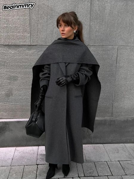 Elegant Dark Grey Scarf Collar Wool Blend Overcoat Women Pocket Single Breasted Long Suit Jacket New Lady Commute Street Outwear