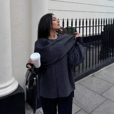 Women&#039;s Elegant Woolen Short Coat with Contrasting Scarf Collar Long Sleeves,and Loose Fit - Chic Autumn Lady Outerwear 241218