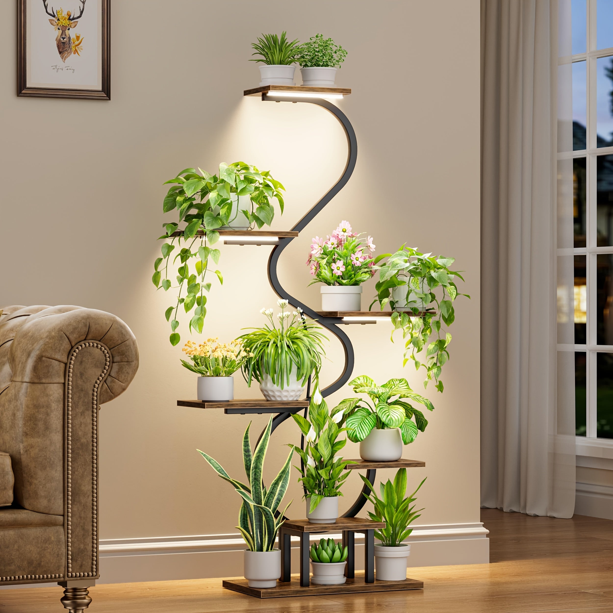 TEMU Plant Stand Indoor With Grow Lights, Artistic Multi-functional Metal Display Stand For Plants Books Ornaments, 7 Tiered 52.6' Plant Stand,