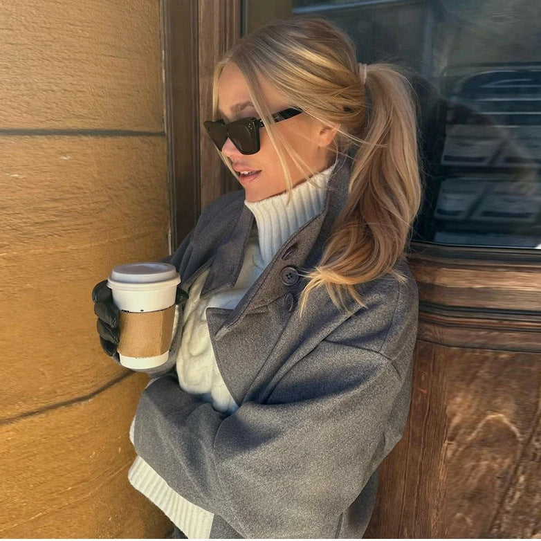 Brown Stand Collar Long Sleeve Woolen Short Coat Women Fashion Single Breasted Loose Jacket Autumn Warm Female Chic Outwear 241220