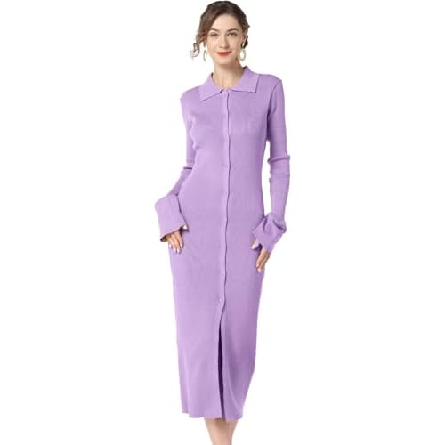 RanRui Women Long Sleeve Knit Dress Stripe Botton Down Knitted Dress Cardigan Sweater Dresses Ribbed Knit Bodycon Maxi Dress Small Voilet