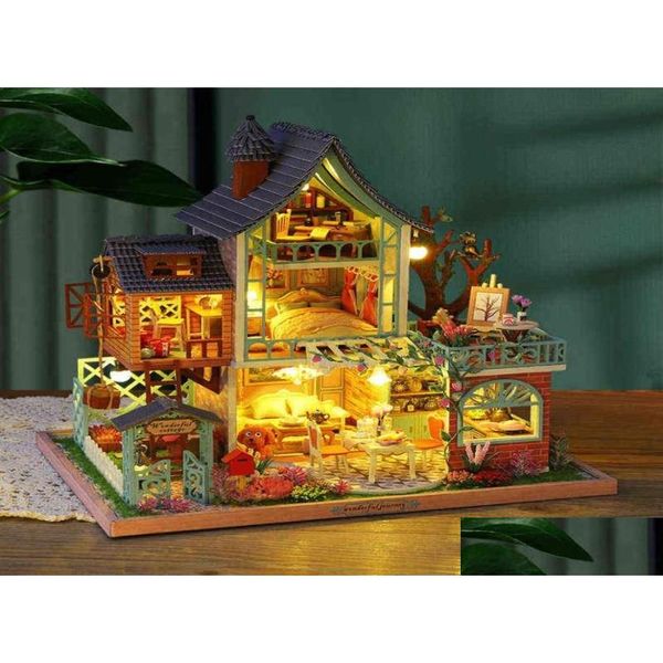 Assemble Diy Dollhouse Wooden Houses Miniature Furniture Kits Casa Music Led For Children Birthday Drop Delivery Gifts Dolls Dhnad