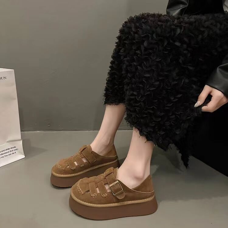 Retro Shoe Hollow-out Round Head Deep Mouth Single Shoe Women 2024 New Spring Platform Slip-on Bao Head Sandals Womens Shoes