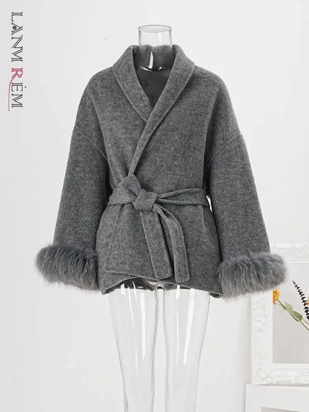 LANMREM Autumn Winter Woolen Coat Women Fashion Feather Spliced Sleeves Belt Gathered Waist Jackets 2024 Clothing CPG1864 250107