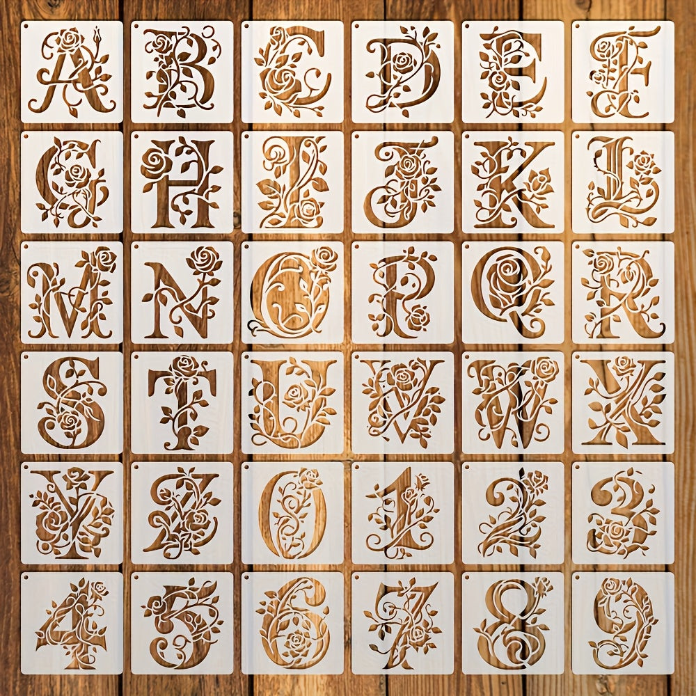 TEMU 36 Floral Letter Stencils, 4.0 Inch Reusable Painting Templates For Wall Stickers, Pillows, T-shirts, Carvings, Engraving, Plates, Glasses,
