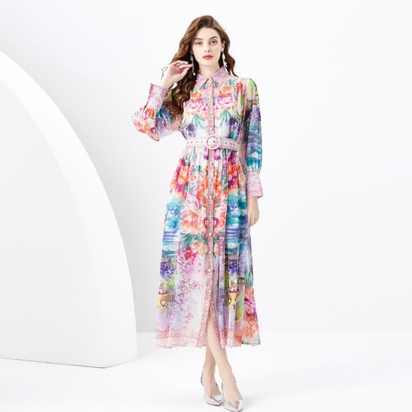 Beautiful Maxi Flower Cocktail Cardigan Dress Designer Women Button Long Sleeve Shirts Dresses Stand Collar Ladies Belt Casual Party Beach R