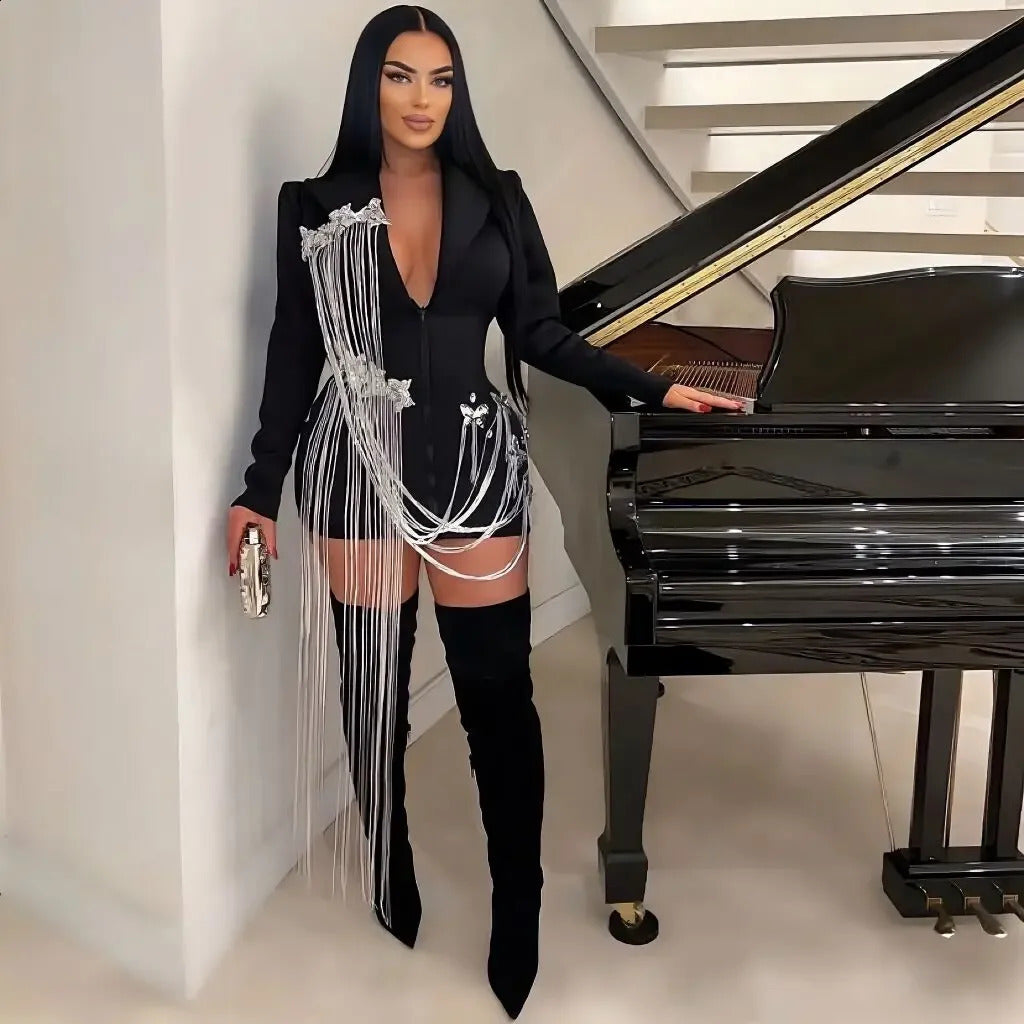 Collar Birthday Party Nightclub Dress Singer Dress Sparkling Tassel Chain Mini Dress Black Fashion Set 241017