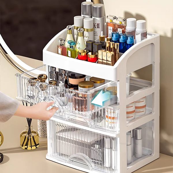 Transparent 3 Drawer Type Storage Rack Jewelry Lipstick Perfume Makeup Skin Care Organizer Home Desktop Cosmetics Articles Boxes