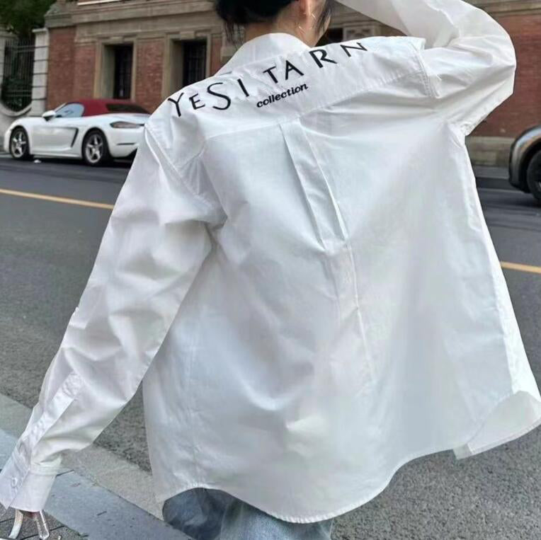 Letter embroidered sign design Women Blouse Stylish Long Sleeve Shirts Ladies Tops loose style Blouses Casual White Shirt