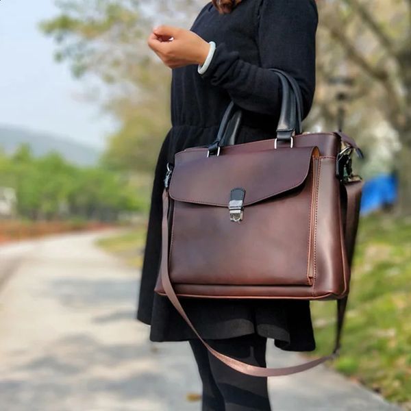 retro womens bag horizontal literary handbag multifunctional 14 inch notebook dress OL fashionable leather business briefcase 8e8f
