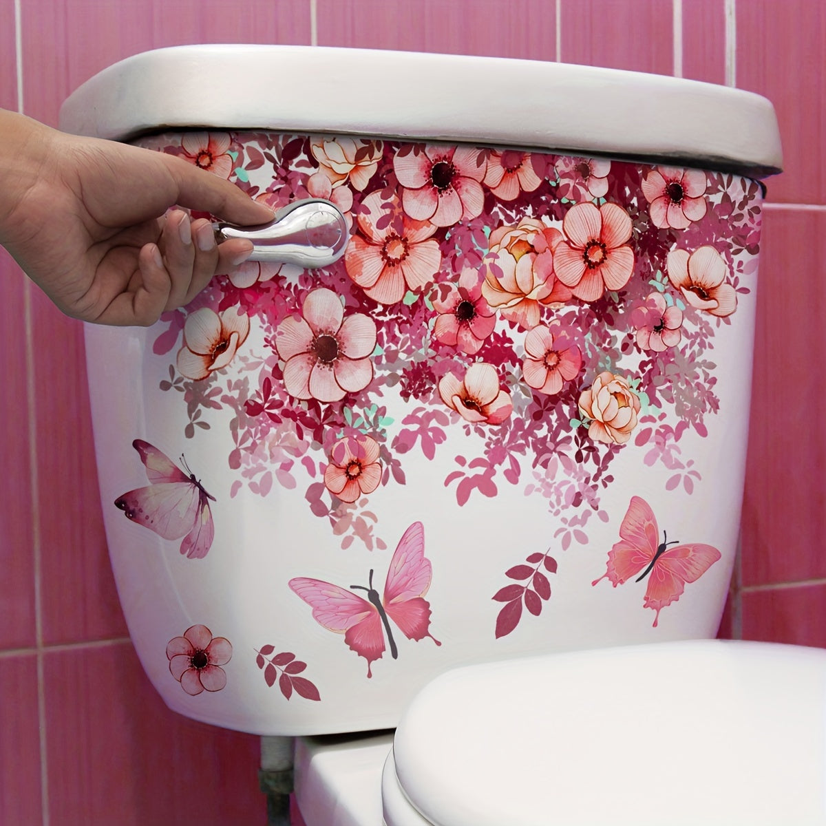 TEMU 1pc Flower Toilet Sticker, Toilet Lid Decal, Toilet Water Tank Sticker, Wall Sticker, Restroom Renovation Removable Stickers, Self-adhesive