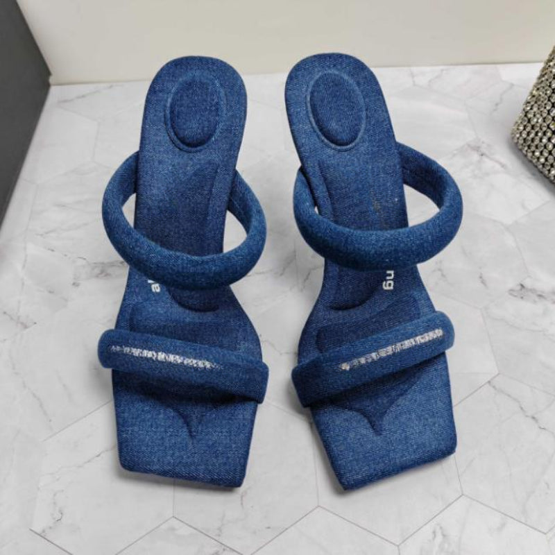 Ladie Brand Sandals Wang Letter Printing High Heels Slippers with Denim and Cowhide Shoe Upper