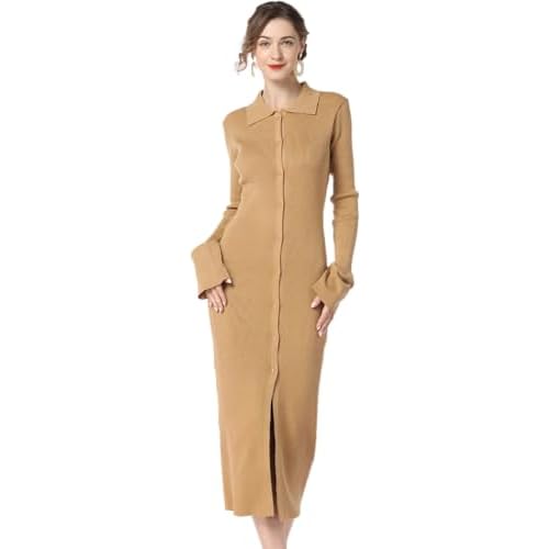 RanRui Women Long Sleeve Knit Dress Stripe Botton Down Knitted Dress Cardigan Sweater Dresses Ribbed Knit Bodycon Maxi Dress Small Khaki