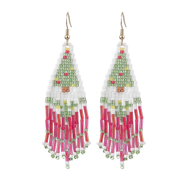 Boucles d'oreilles pendantes avec pompon en perles de verre et de graines d'arbre de noël pour femmes