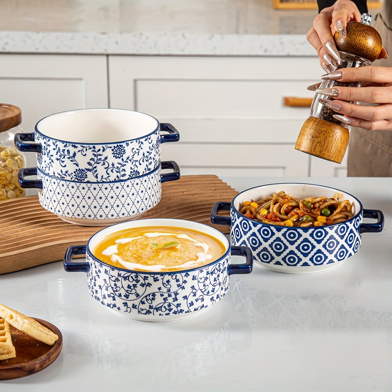 TEMU 4pcs Soup Bowls With Handles - 24oz Ceramic Crocks Serving Bowls For Pasta Cereal Beef Stew Pot Pies Casserole - Oven Microwave Dishwasher Safe,