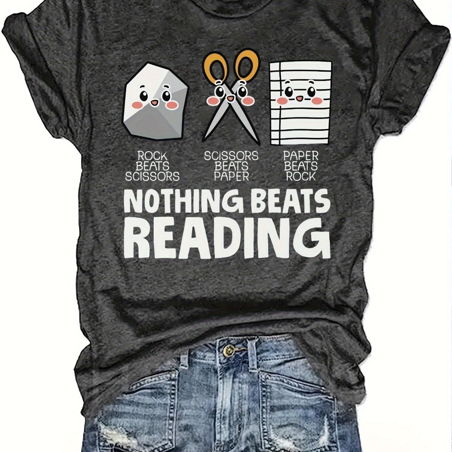 TEMU Women's Casual Crew Neck T-shirt - Fun Library Design With " Reading" Graphic, Perfect Librarian Gift, Bookish Fashion Tee For , , Short Sleeve,