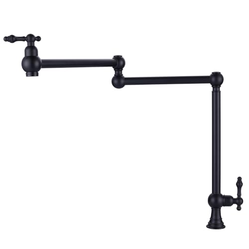 WOWOW Pot Filler Deck Mounted - Solid Brass Pot Filler Faucet Matte Black Kitchen Folding Faucet Over Stove with Double Joint Swing Arm (Victorian Sty