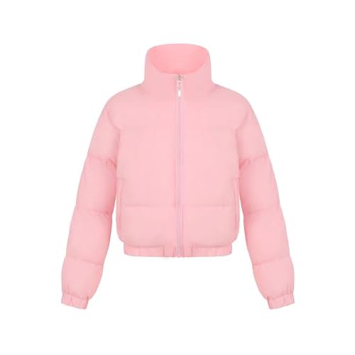 EXARUS Girls Puffer Jacket Warm Water Repellent Oversized-Cropped Stand Collar Pockets Zip up Quilted Short Bubble Coat Crop 6 Years Pink-crop