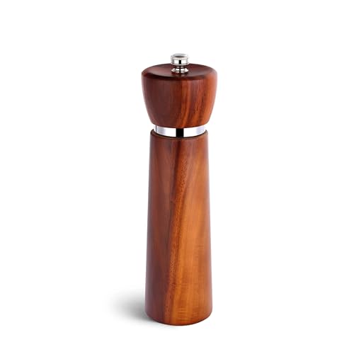 Wooden Pepper Grinder – Refillable Pepper Mill with Adjustable Upgraded Large Size Ceramic Burr – Manual Salt Grinder with Acacia Wood Body – 8.