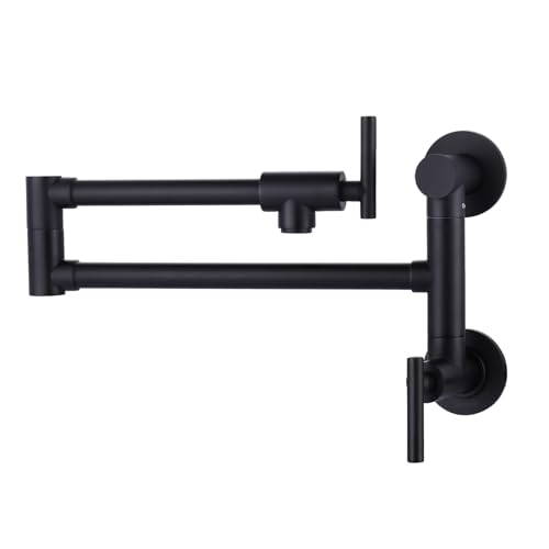 WOWOW Pot Filler Faucet Black: Single Hole Wall Mount Stove Faucet, Brass Pot Filler Two Attachment with Double Joint Swing Arms Matte Black