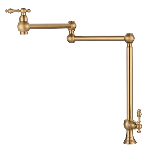 WOWOW Pot Filler Deck Mounted - Solid Brass Pot Filler Faucet Brushed Gold Kitchen Stove Faucet with Double Joint Swing Arm (Victorian Style) Victoria