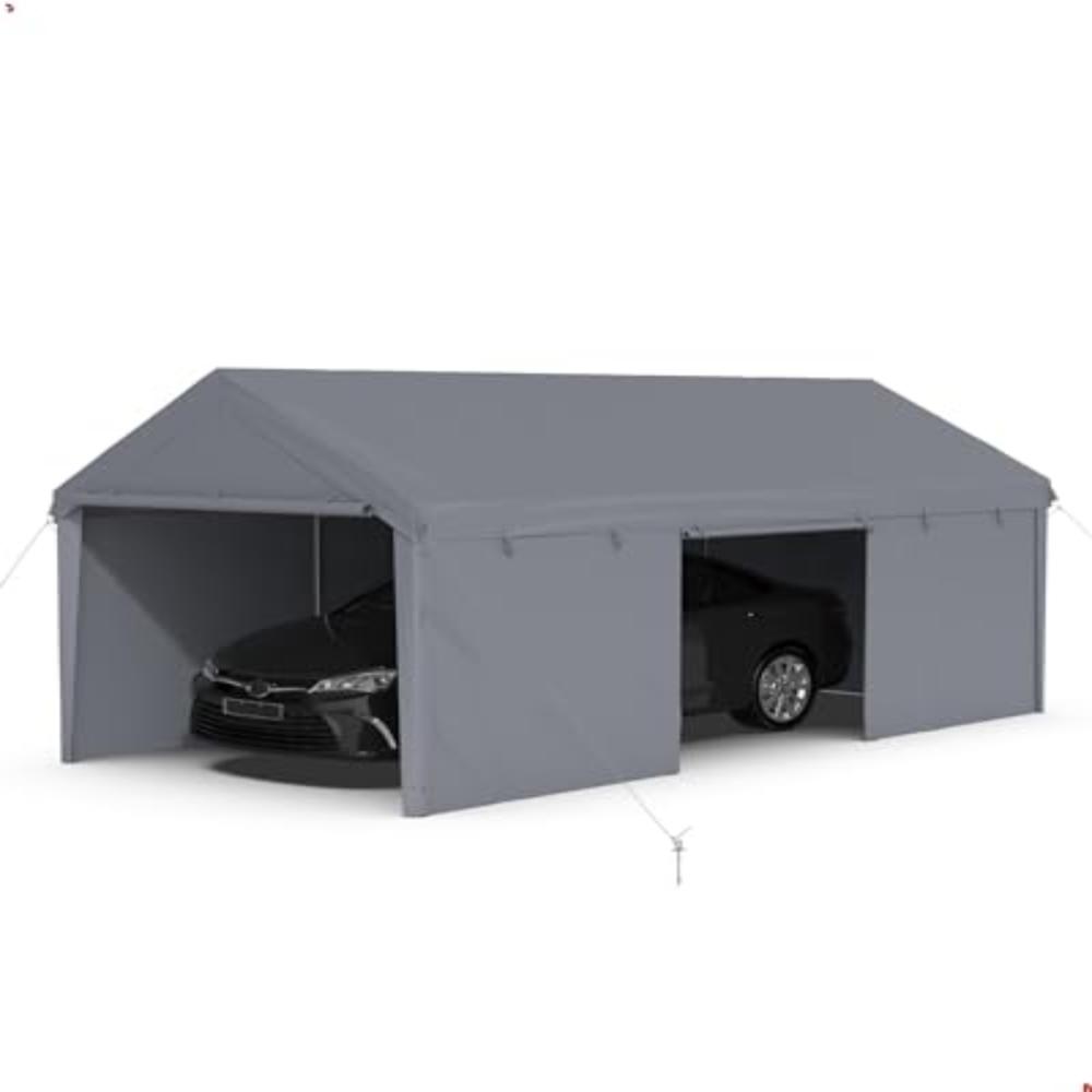 Garvee 13'x20' Portable Garage with Heavy Duty Canopy, Reinforced Steel Poles, 4 Roll-Up Doors for Pickup, Boat, and Equipment, Silver Grey