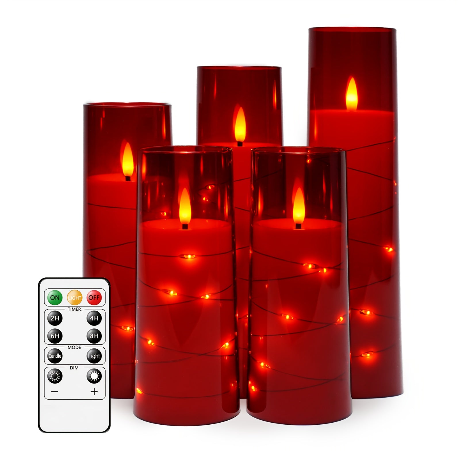 TEMU Nimiko 5-pack Led Flameless Pillar Candles With Remote, Acrylic Plastic, Non-rechargeable Button Battery, Red, For Home Decor, Christmas,