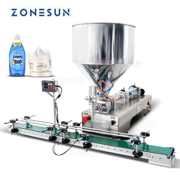 ZONESUN Paste Filling Machine Pneumatic Viscous Liquid Sauce Gel Peanut Butter with Conveyor Packaging Production ZS-DTGT1P