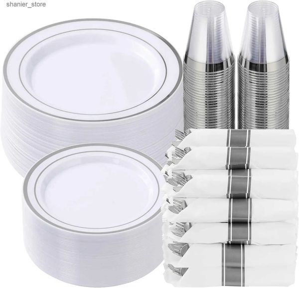 Disposable Dinnerware 350 Piece Silver Plastic Dinnerware Set for 50 Guests Fancy Disposable Plates for Party Include 50 Dinner Plates Desse