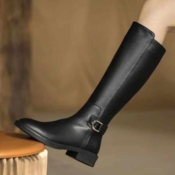 Comemore Leather Boots Long Trend Trend Spring Autumn Knee Boot High Shoes preto para mulheres Saltos baixos confortáveis 250115