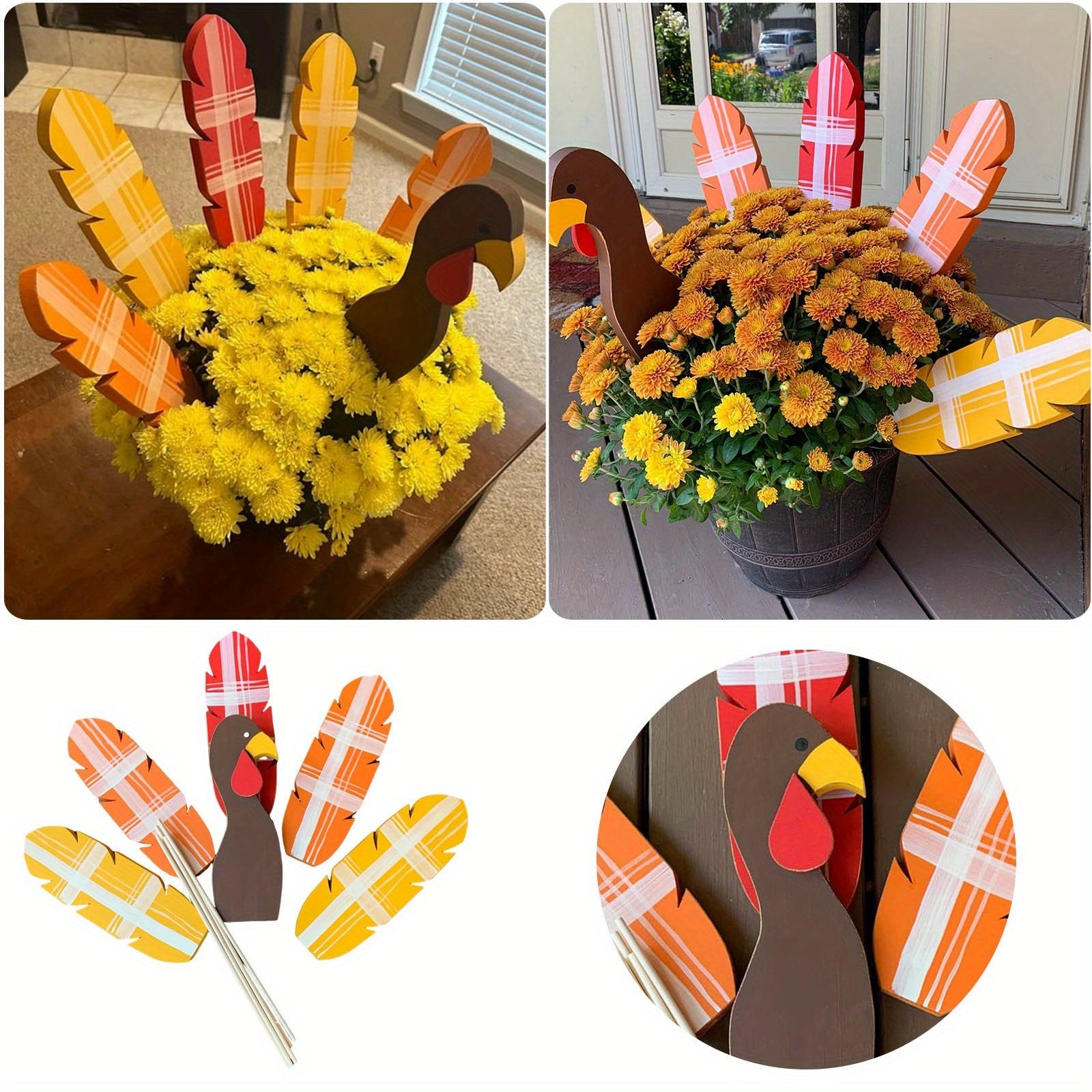 TEMU Thanksgiving Turkey Planter - With Turkey Head & Feathers, Sturdy Wooden Construction For Indoor-outdoor Fall Decor, Farmhouse Yard Decoration -