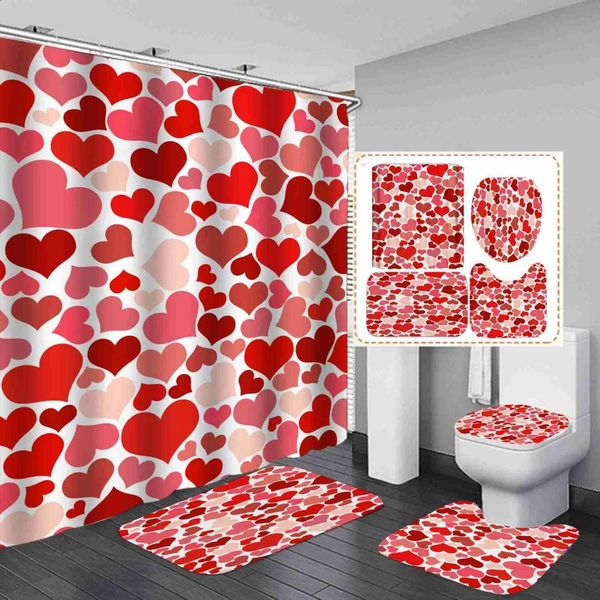 Valentines Day bathroom set with heart-shaped shower curtains anti slip carpet toilet seat U-shaped bathtub pad red shower curtains with 12