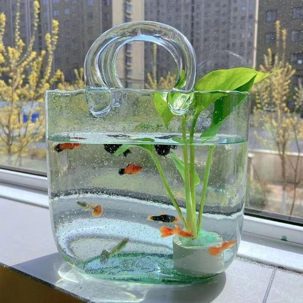 Clear Glass Vase Fish Tank Tote Bag Flower Handbag Bag Vase Desktop Centerpiece for School Office Bedroom Decoration 240130