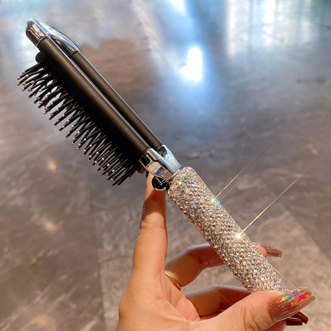 TEMU 1pc Portable Embellished Hair Comb With Folding Handle And Built-in Mirror, Travel Styling Tool For Normal Hair, Multifunctional Hair Comb With