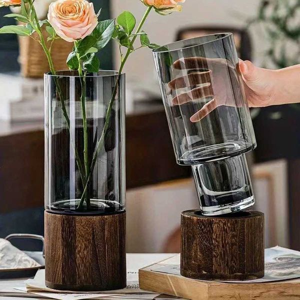 Vases Nordic style elegant glass vase with wooden base suitable for living room tabletop and floral decoration z241212