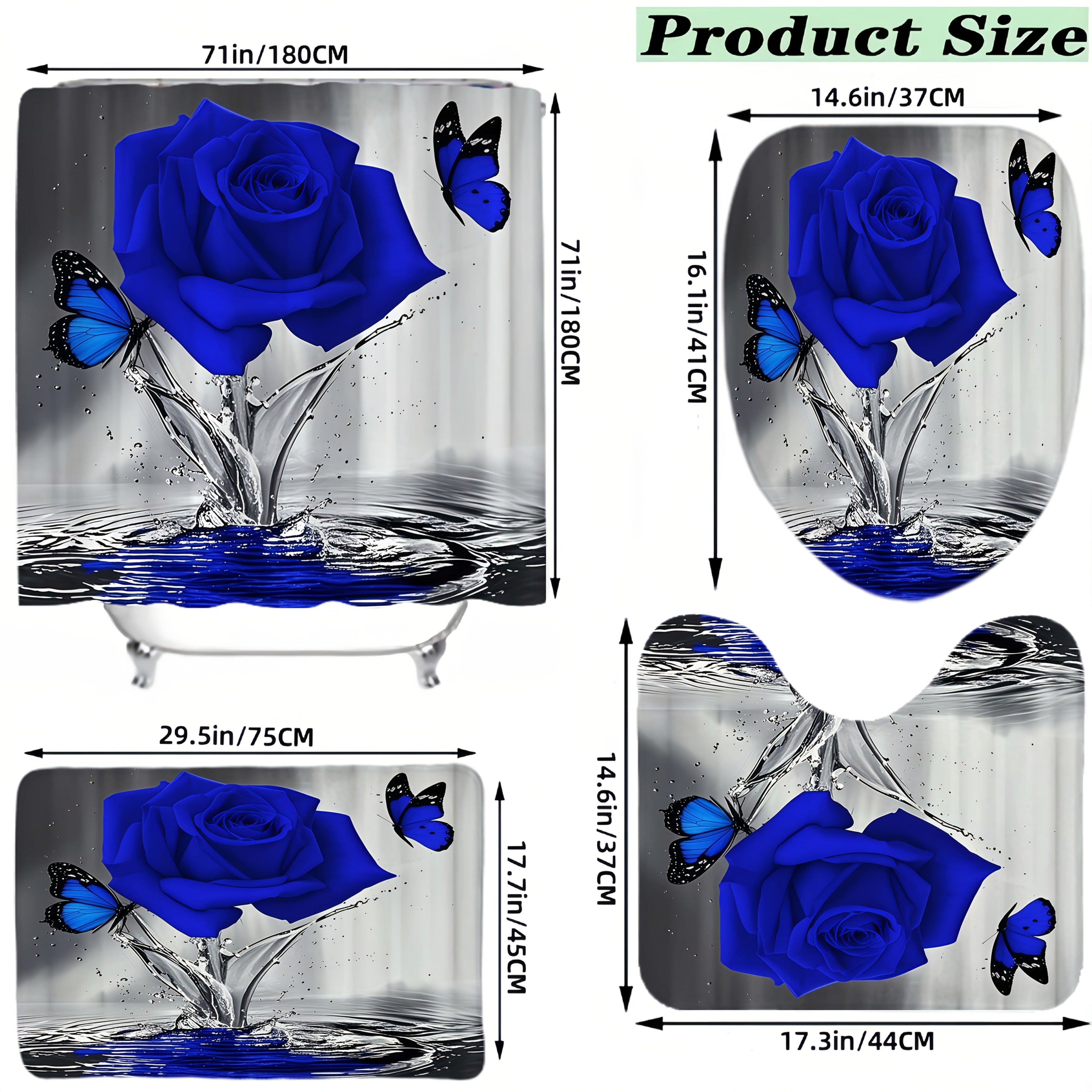 TEMU 1-4pcs Rose Pattern Shower Curtain Set, Shower Curtain With 12 Hooks, Non-slip Bathroom Carpet, Toilet U-shaped Cushion, Toilet Seat Cover