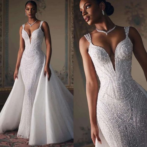 Vintage Crystal Mermaid Overskirts Straps Beaded Wedding Dresses Bridal Gowns Sweep Train Designer Bride Dress 0515