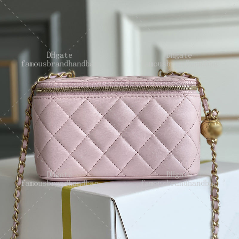 Vanity Case 16CM Mirror Quality Makeup Bag Golden Ball Chain Bag Lambskin Leather Cosmetic Bags Luxury Crossbody Bag With Box 24C19G