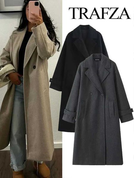 TRAFZA Women Autumn Solid Overcoat Fashion Double Breasted Turn-down Collar Pocket Design Coats Female Casual Loose OvercoatX241009