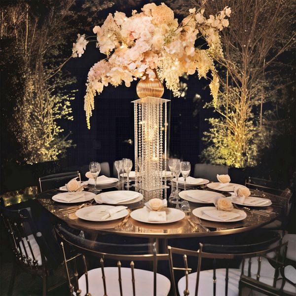 Fashion 40-100CM Flower Pedestal Vase with Hanging Crystal Beads Clear Pillar Stand Acrylic Flower Vase Centerpiece Wedding Table Decor