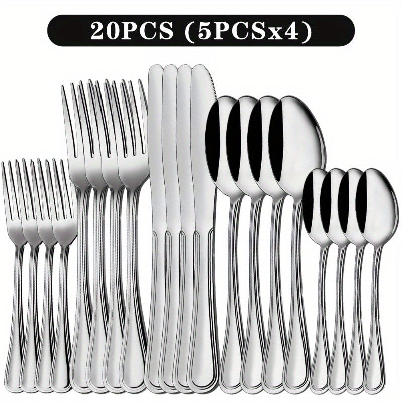 TEMU 6-16-20pcs Stainless Steel Flatware Cutlery Set | Silverware Set For 4-8-12, Silvery, Mirror Polished, Dishwasher Safe | For Home Kitchen