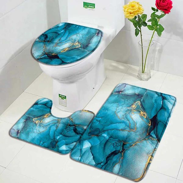 Abstract marble bath mat set with gold thread blue ink texture artistic pattern modern home carpet bathroom decoration anti slip carpet toil