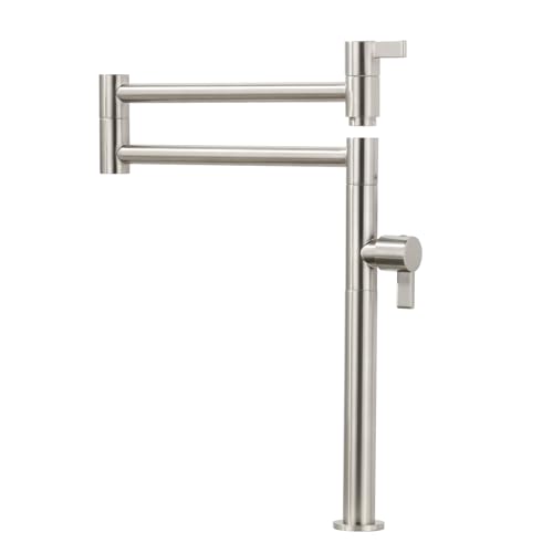 Deck Mount Pot Filler Faucet, ARCORA Solid Brass Pot Filler Brushed Nickel Kitchen Folding Faucet with Stretchable Double Joint Swing Arm Modern Brush