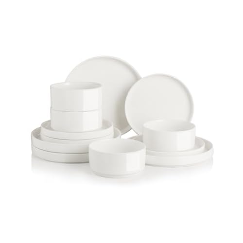 Sweejar Porcelain Dinnerware Sets for 4, 12 Pieces Ceramic Plates and Bowls Set, Classic Modern Simple Kitchen Dinner Dining Ware Set, Dishwasher and
