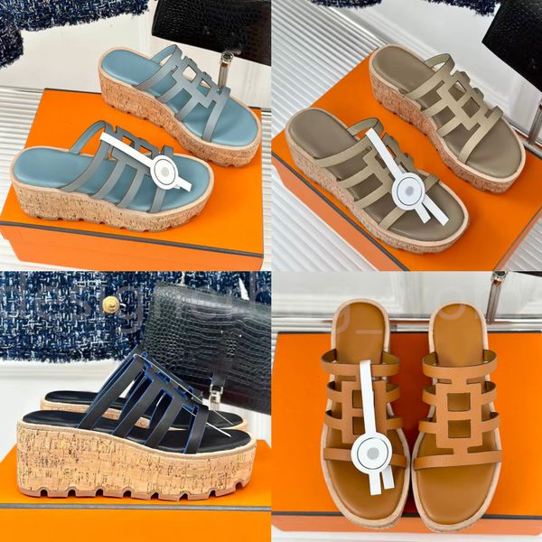 Designer Heels Sandals Platform Slippers Wood Grain Wedge Sildes Cowhide Rubber Non-slip Outsole Slipper Chunky Heels 6cm Top Quality Sandal