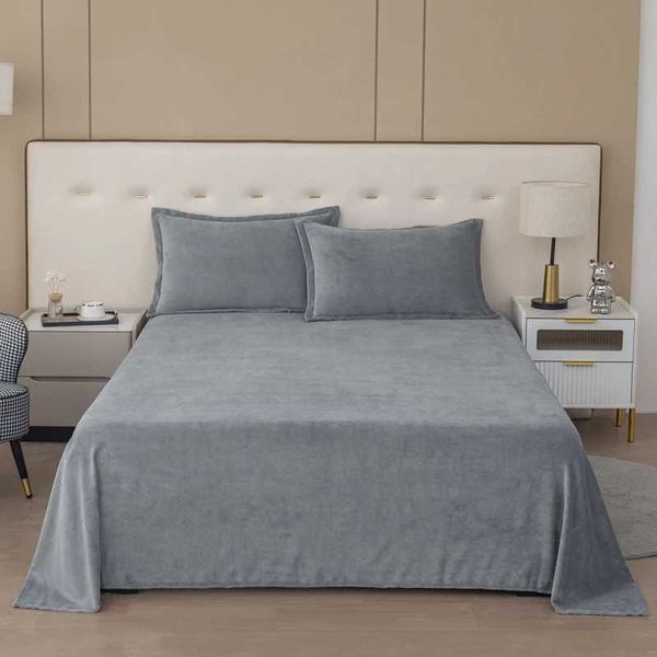 Grey Flannel Flat Sheet 3pcs Bedding Set Super Soft Polyester Plush Bed Sheet Winter Warm Home Bedroom Sheet with 2 PillowcasesC241021