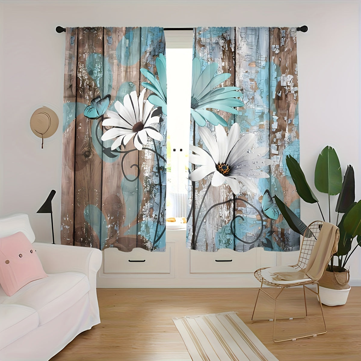 TEMU 2pcs Rustic Wooden Floral Curtains, , Polyester, Machine Washable, Artistic Daisy Design, Living Room & Bedroom Decor, Rod Pocket, No Battery