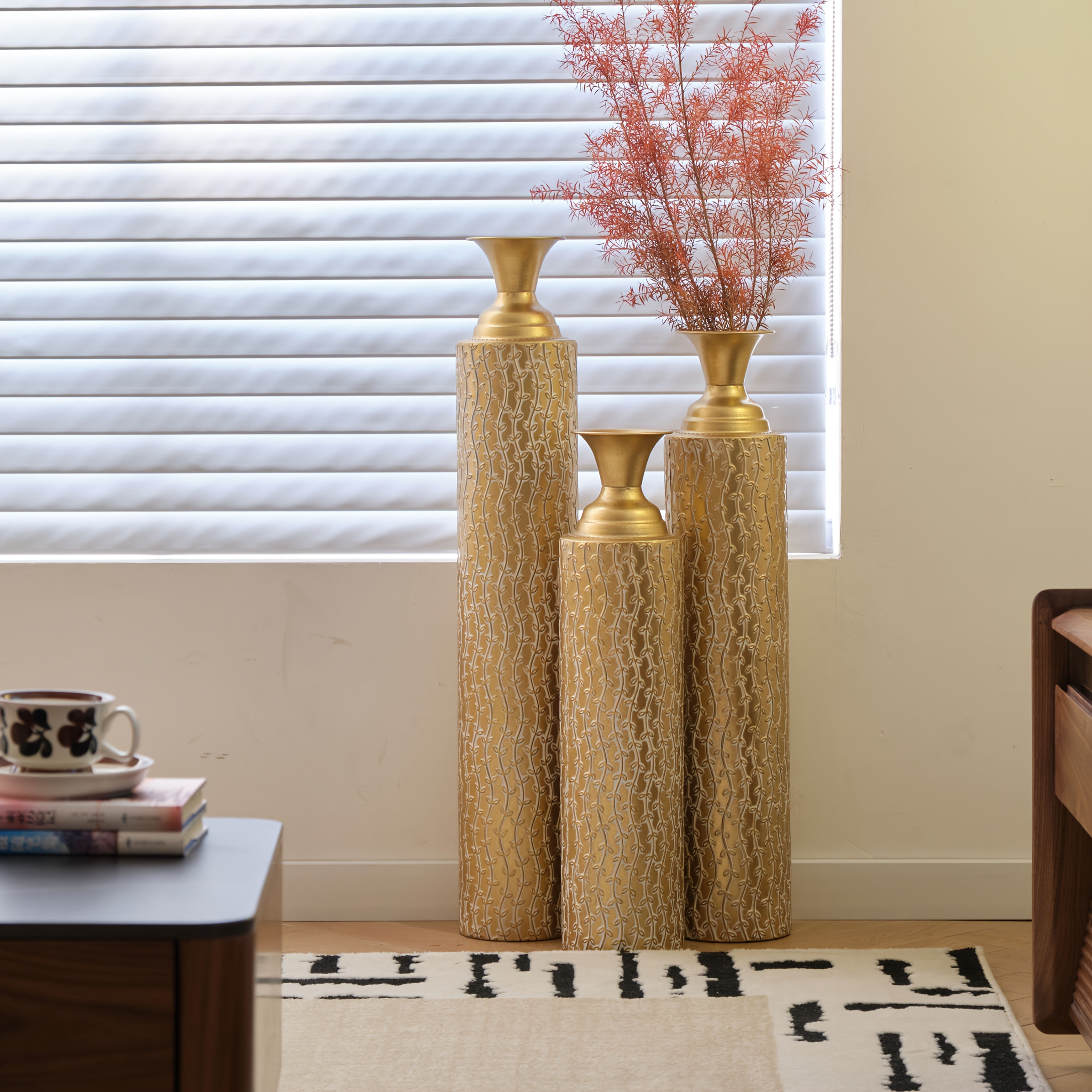 TEMU Metal Decorative Vases High Metal Center Vases With Growing Vine Patterns, Set Of 3 Vases For Home Decoration 34 ", 29 ", 25 "h, Golden,