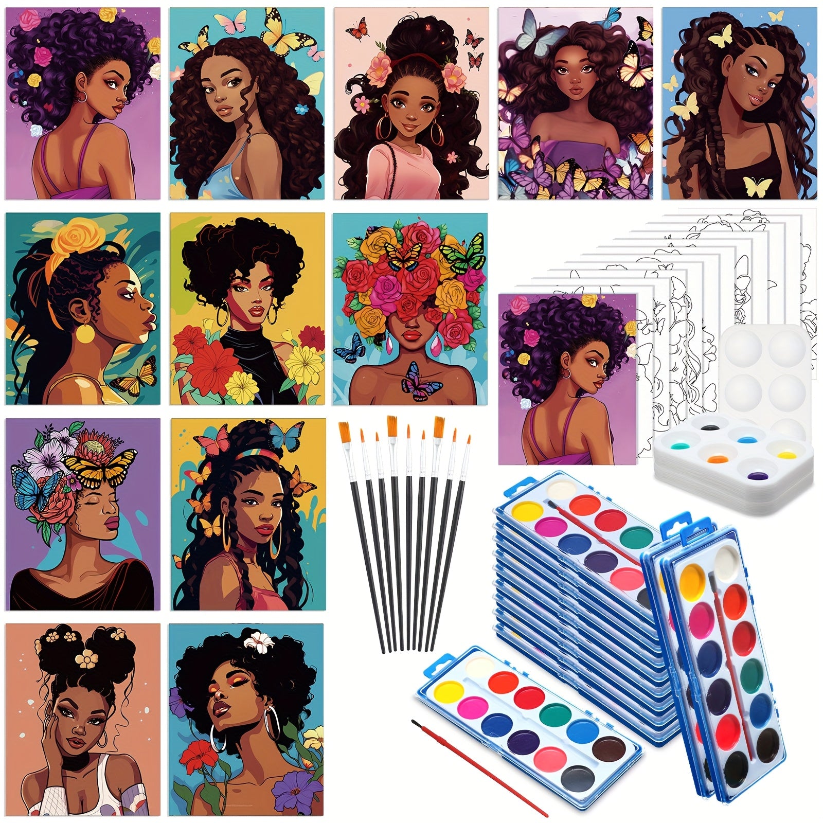 TEMU 12 Sets Ctosree Pre-drawn Canvas Painting Kits For Adults - African Faces & Floral Designs With Pre-printed 8x10 Inch Canvases, Paint By Numbers